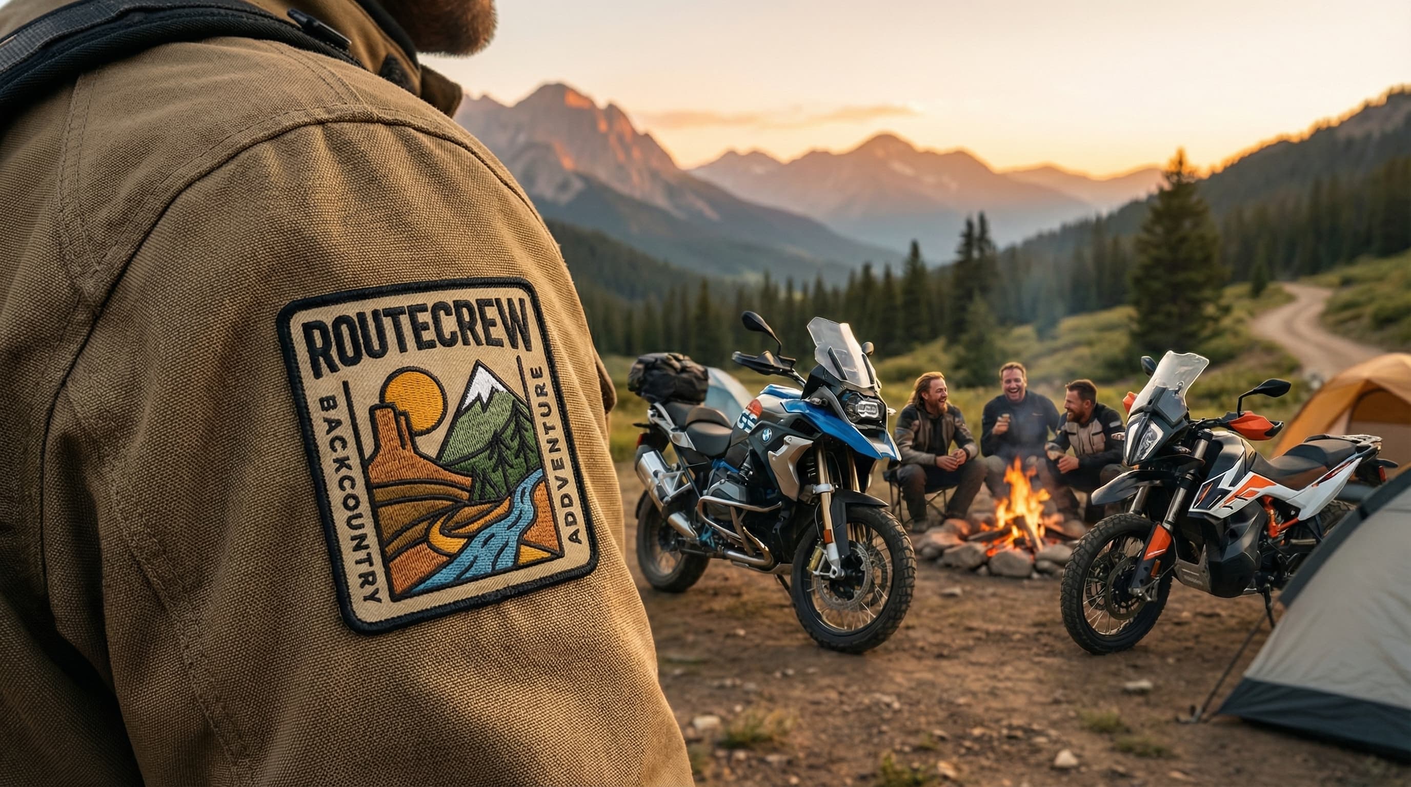 RouteCrew riders around a campfire in the mountains